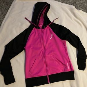Reebok zip-up hoodie warm-up jacket, combo of hot pink and deep black.